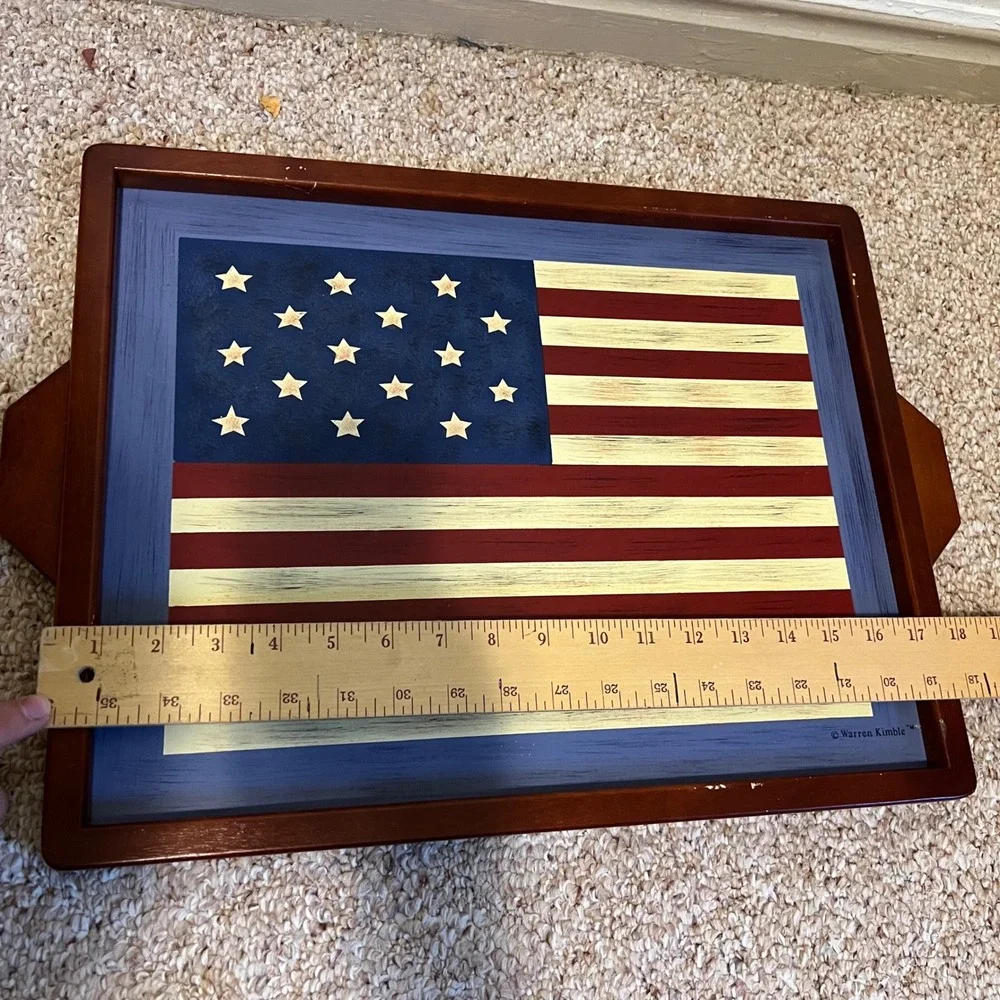 Warren Kimble American Flag Wooden Serving Tray Folk Art Patriotic Decor Handles